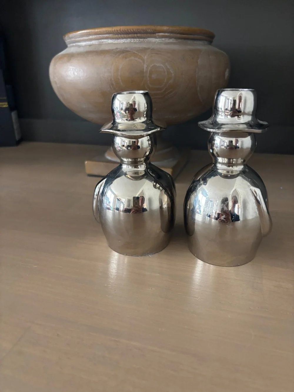 Crate&Barrel silver snowmen candle holders
